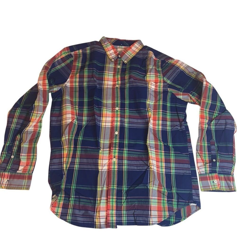 Gap Lived-In‎ Mens XL Madras Plaid Button Down Shirt Navy Blue Multi 960430